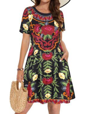 Women's Baho Coconut Tree Short Sleeve Floral Sundress Beach Cover Mini Dress